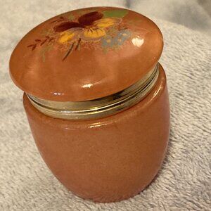 VTG 1970's LEFTON Peach Alabaster Hinged Lid Trinket/Ring Dish-Purple Floral-EUC